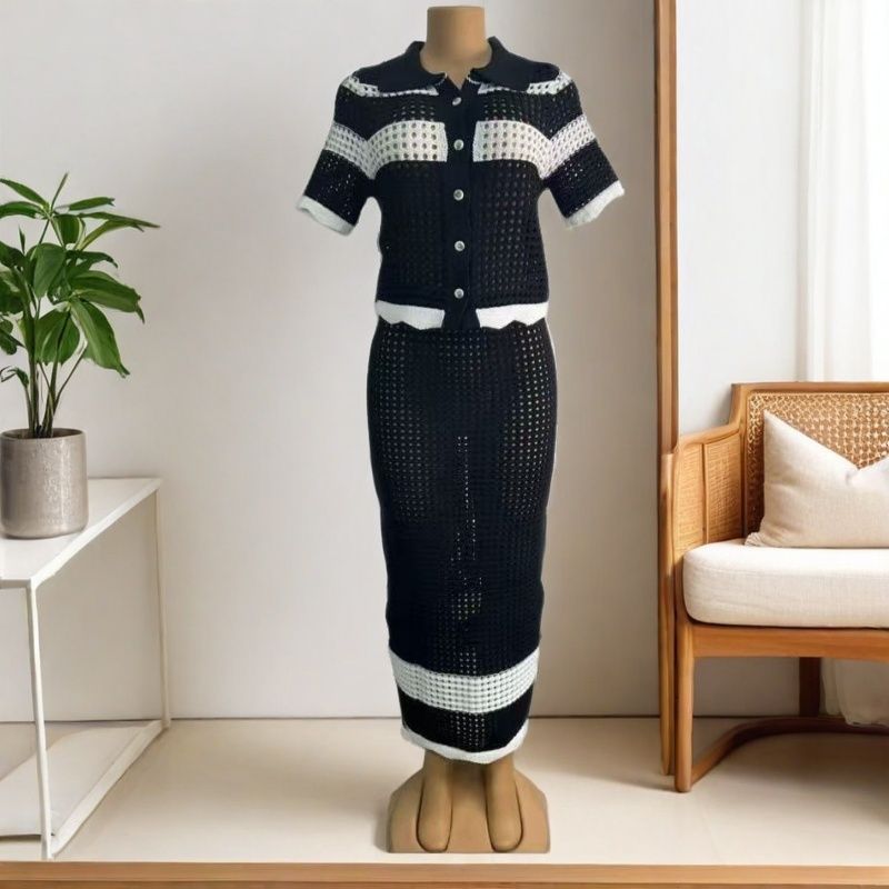 Color-Block Turn-Down Collar Knit Top Skirt Set 4