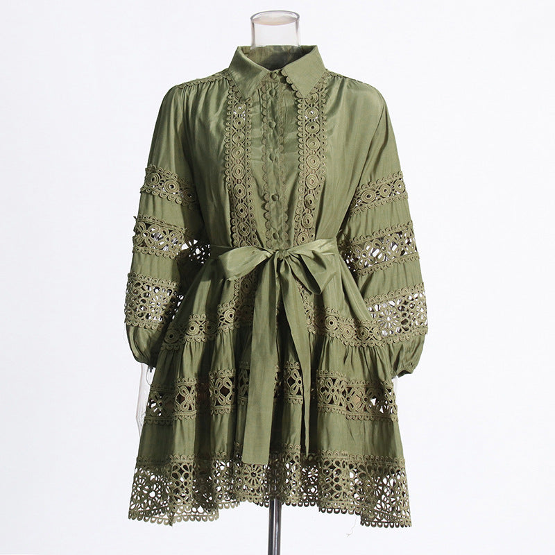 Women's Summer Chic Long Sleeve Hollow Belt Slim Waist Short Dress 5