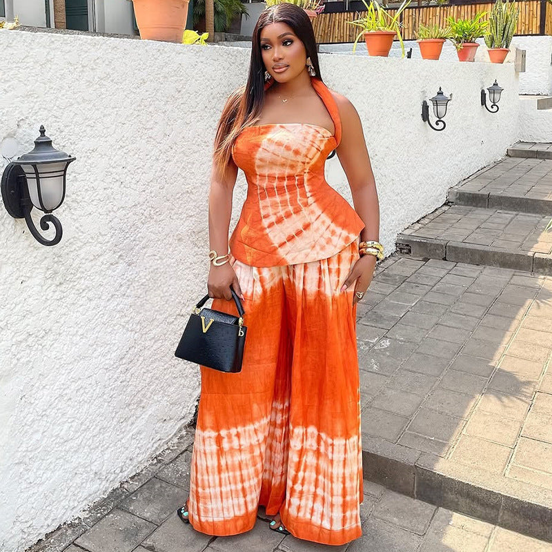 Loose and comfortable Low Back printed Halter Neck Slim Waist trendy two-piece skirt set Casual women's clothing 3