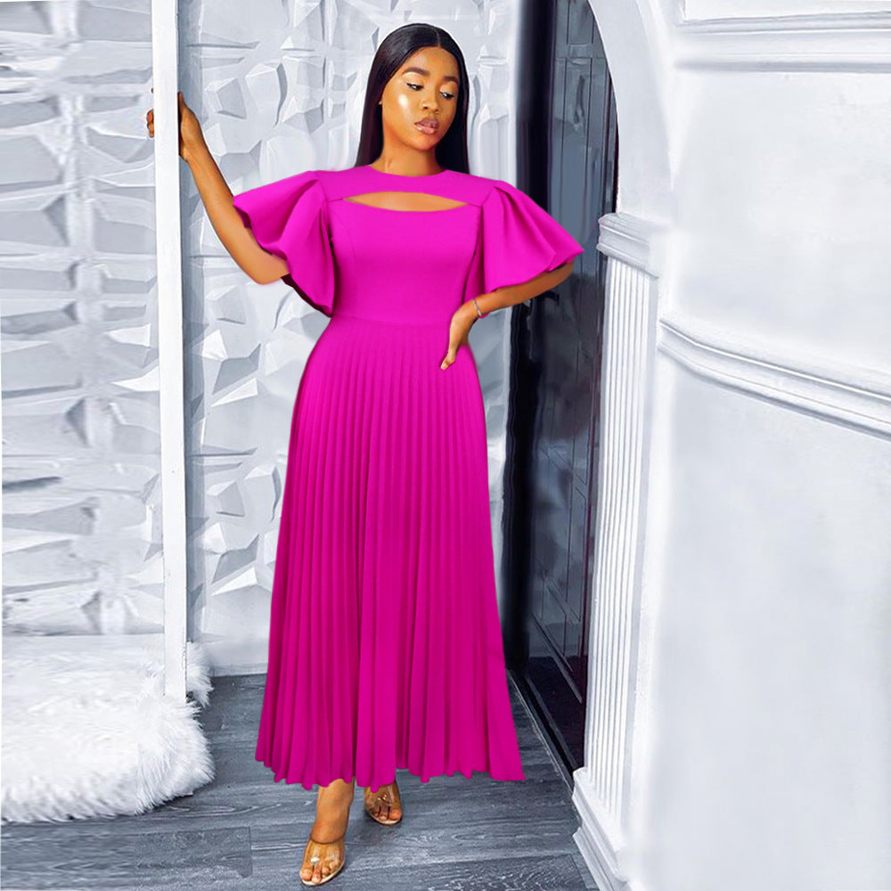 Women Balloon Sleeve Cutout Pleated Skirt