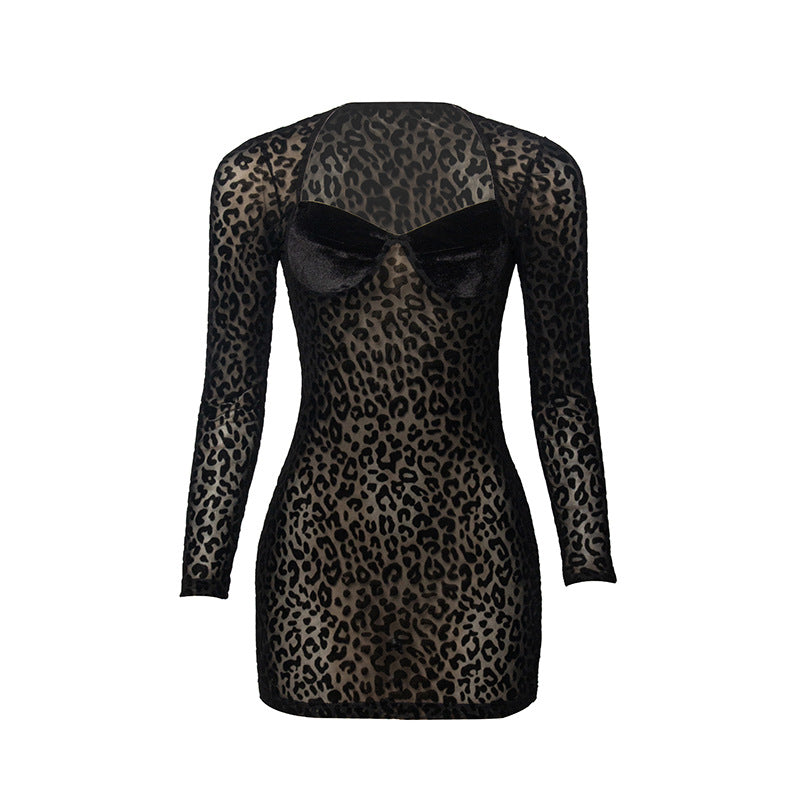 Women autumn leopard print flocked mesh sexy Bodycon Mini dress 8