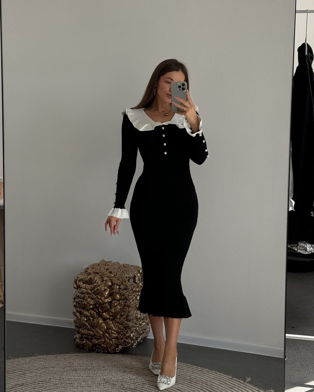 Women Autumn Retro Contrast Peter Pan Collar Ruffle Knitting Dress