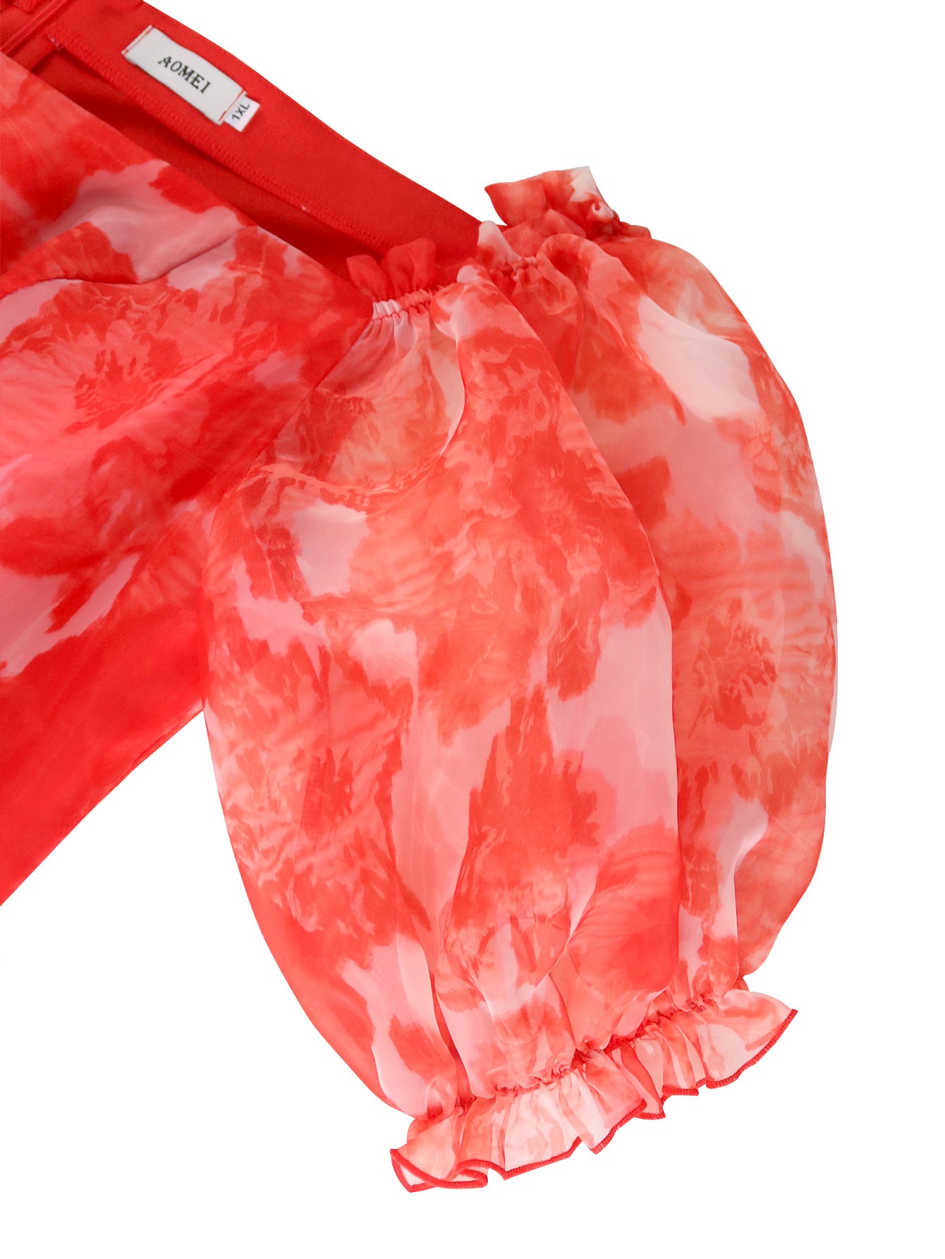 Plus Size Women Red Print Off Shoulder Puff Sleeve Dress 11