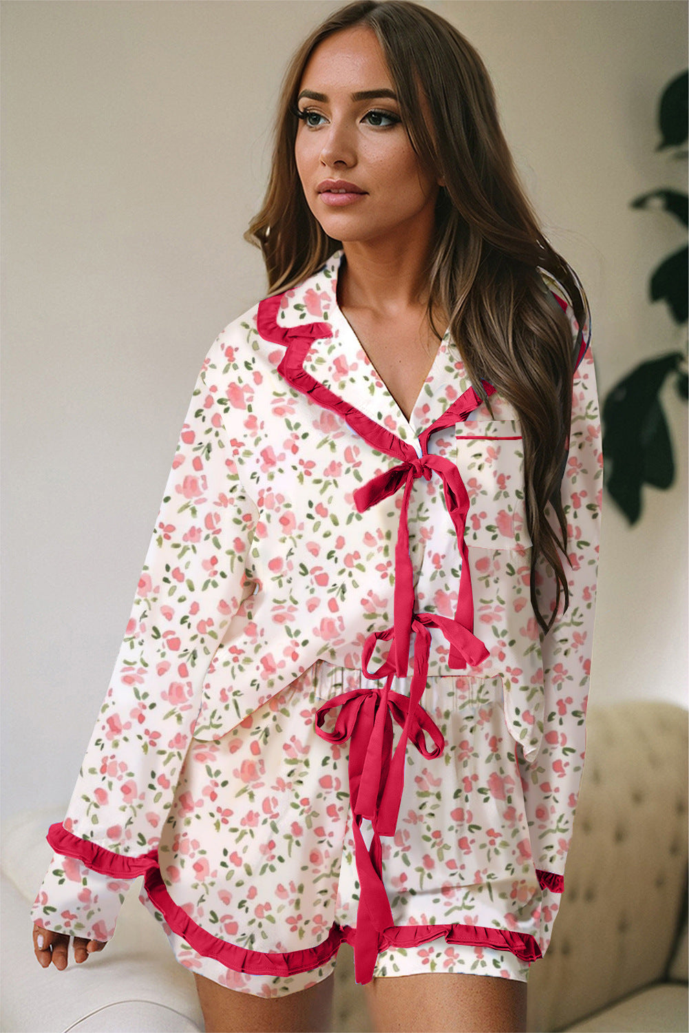 Ruffled Long-Sleeved Two-Piece Casual Shorts Set Printed Valentine's Day Pajamas 3