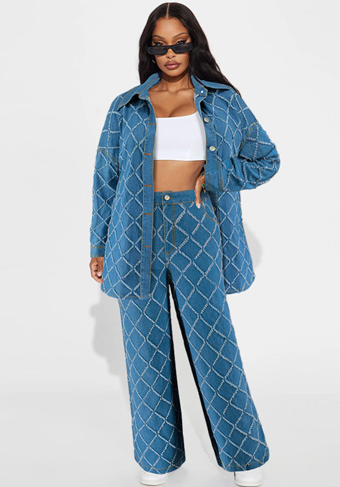 Women Denim Tassel Plaid Long Sleeve Top and Pant Two-piece Set