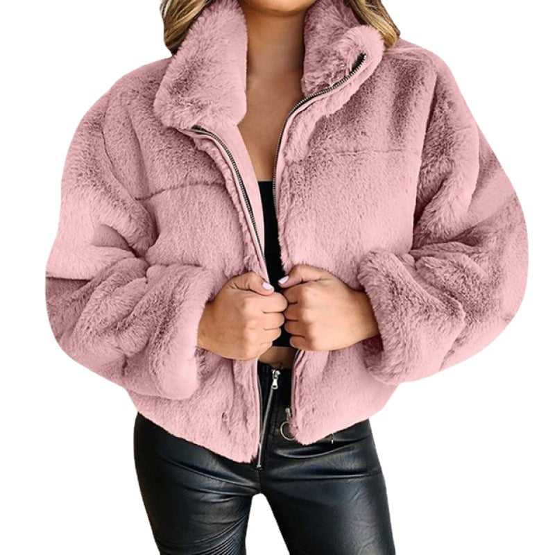 Women furry zipper warm jacket 11