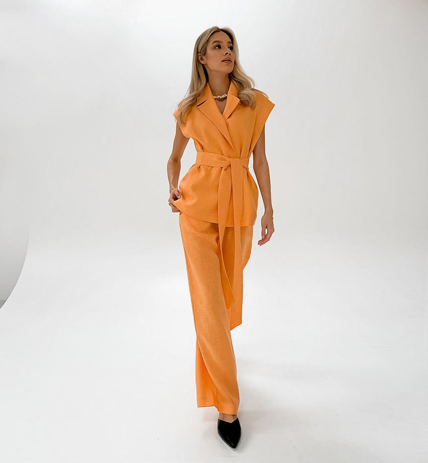 Women summer Casual Vitality Orange Sleeveless Lace Vest Wide Leg Pants Two-piece Set 3