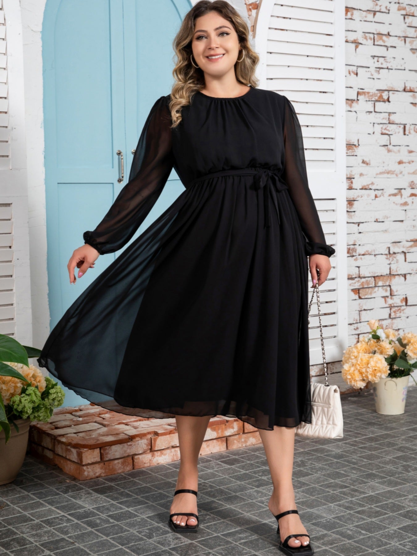 Plus Size Women Solid Elegant Chiffon Dress 7