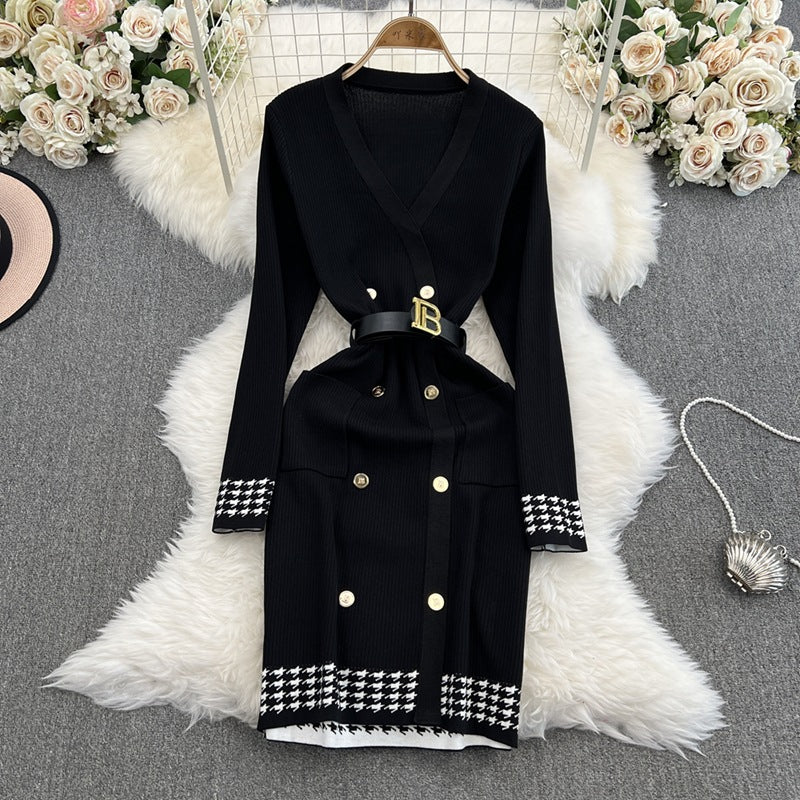 Women V-Neck Double-Breasted Long-Sleeved Knitting Dress 5