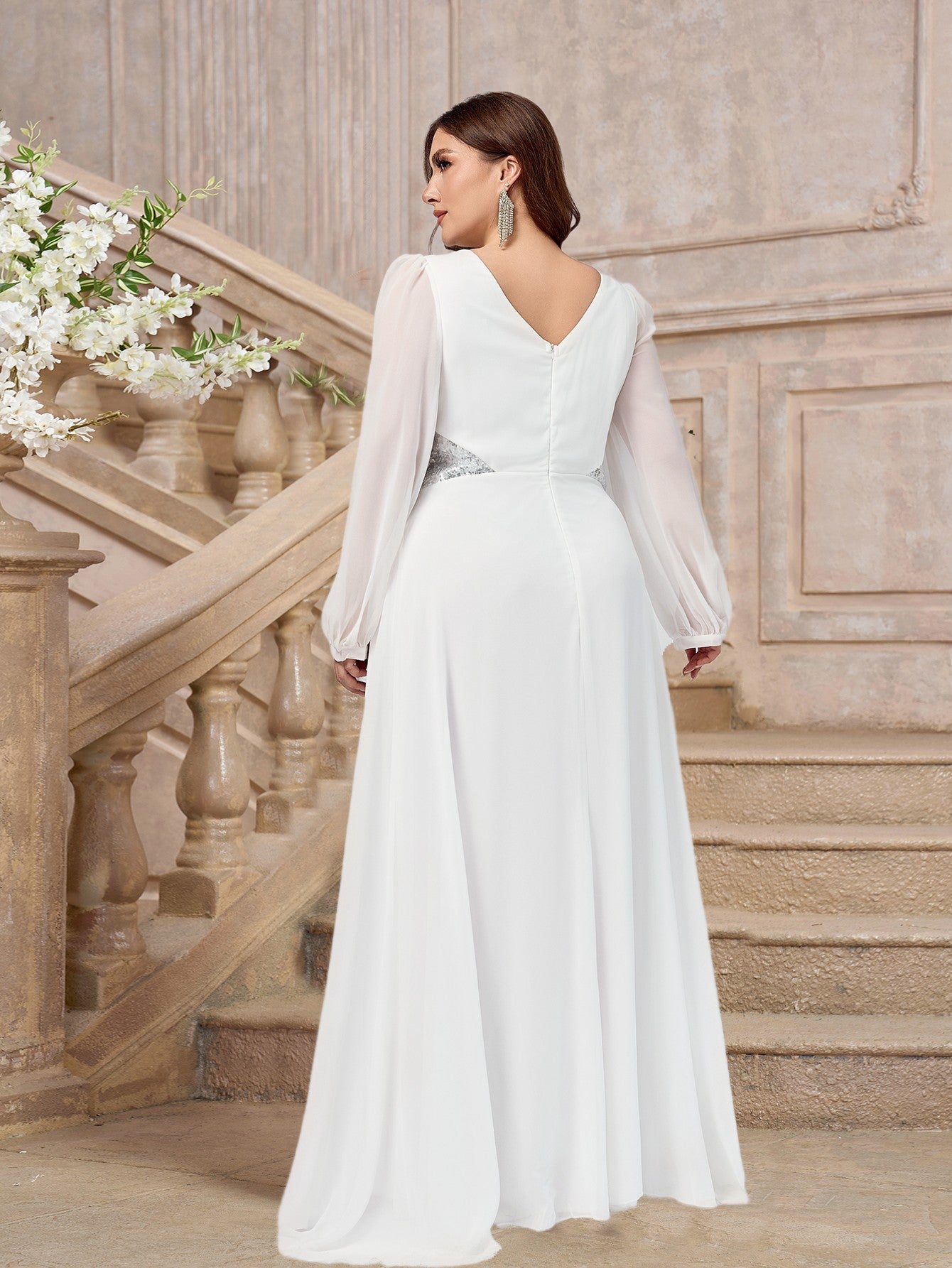 Plus Size Women Chiffon Long Sleeve V Neck Formal Party Dress 3