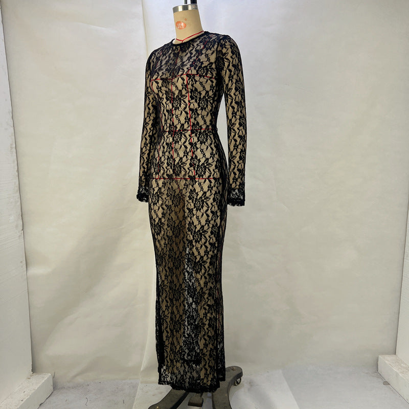 Women Solid lace See-Through Long Sleeve Maxi Dress 11