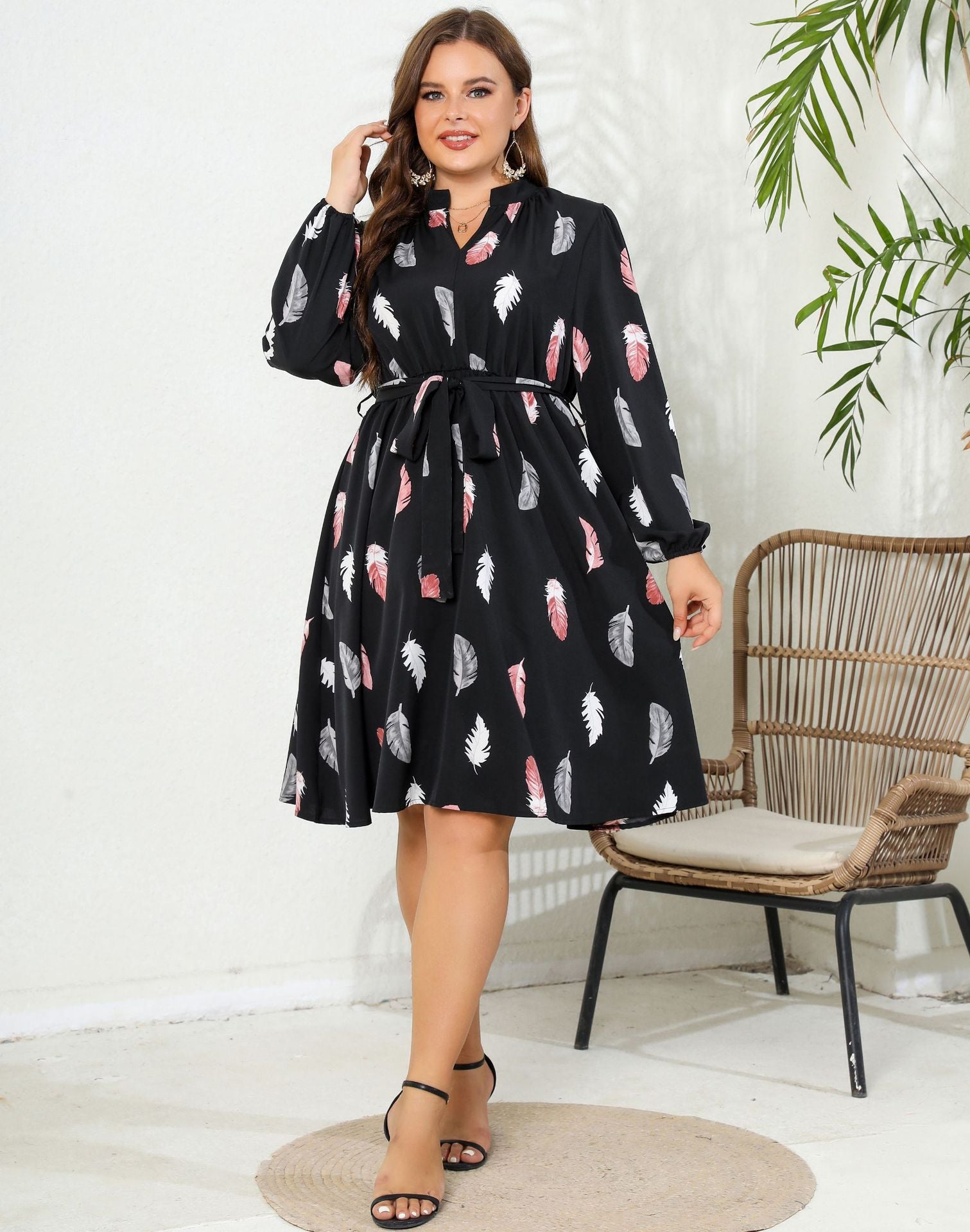 V-Neck Printed Long Sleeve Slim Waist Plus Size Women's Dress 3