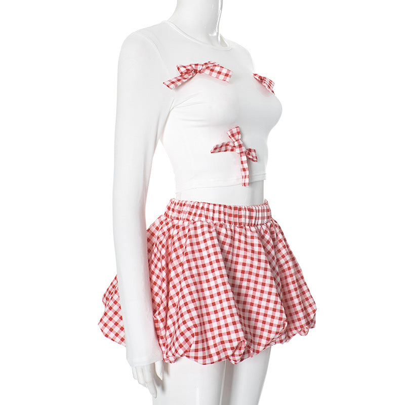 Women Plaid Bow Top and Contrast Color Bud Skirt Two Piece Set 6