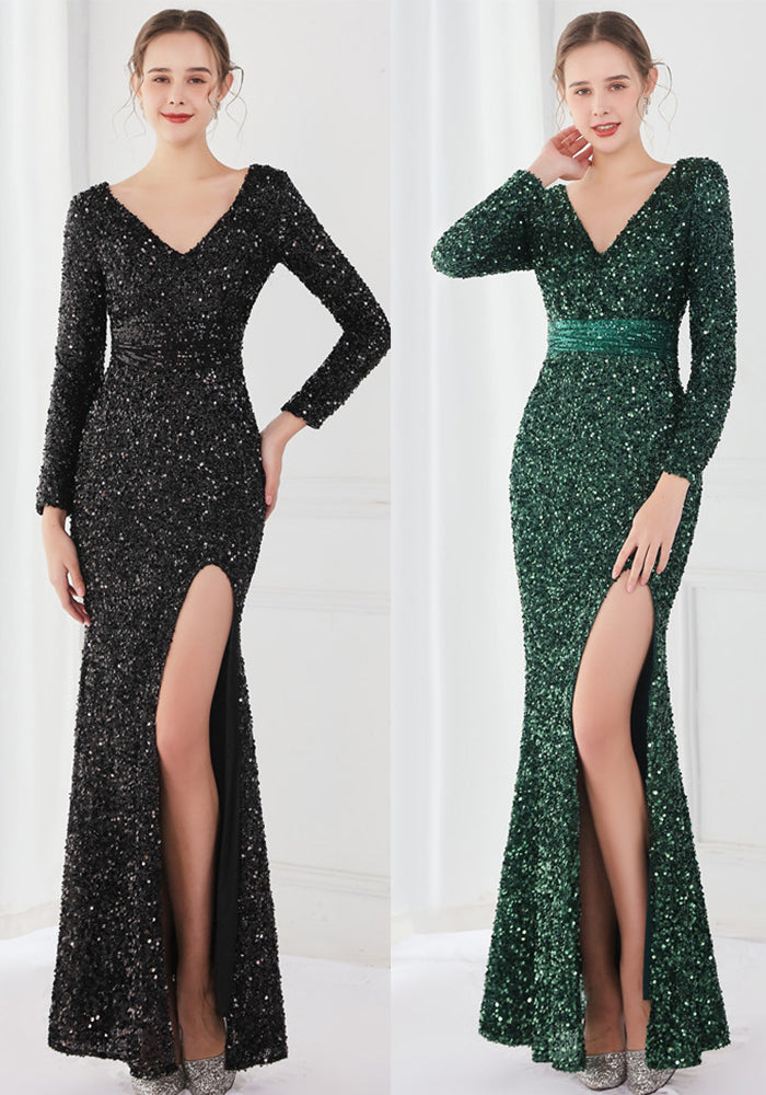 Winter Elegant Green Deep v Neck Long Sleeve Slit Cocktail Eevening Dress