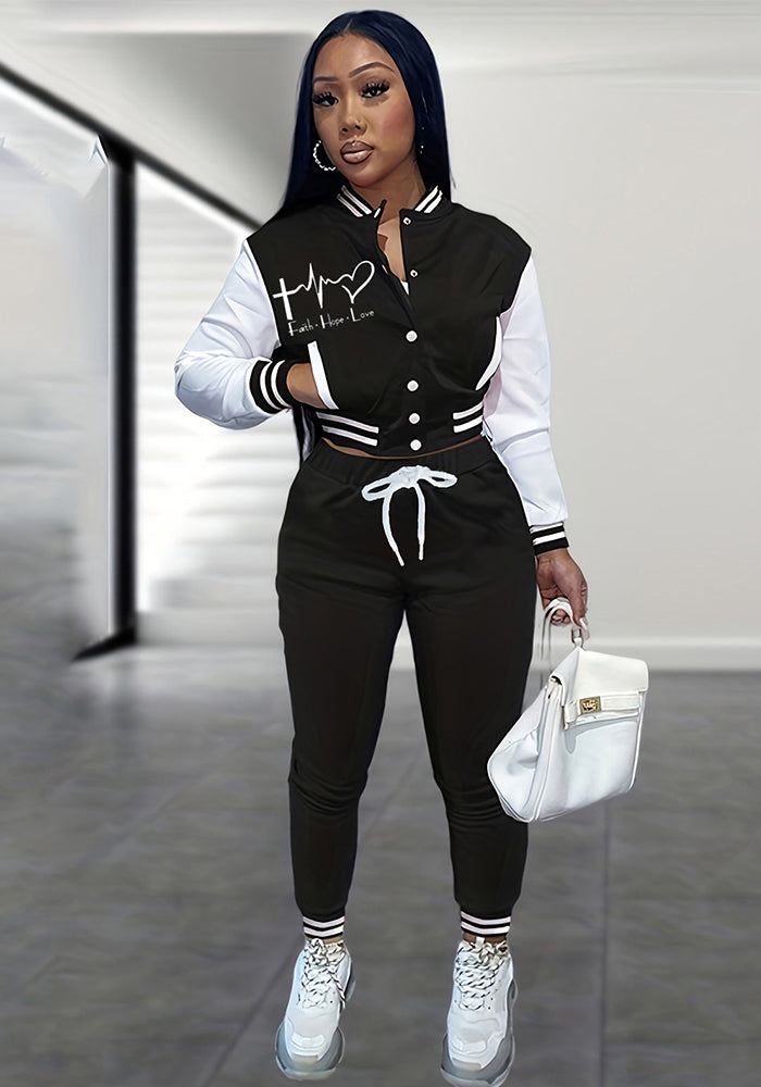 Women Spring Patchwork Print Baseball Jacket and Pants Two Piece Set