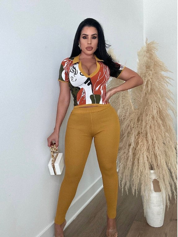 Women's Autumn And Winter Print Turndown Collar Short Sleeve Top Slim Trousers Two Piece Set