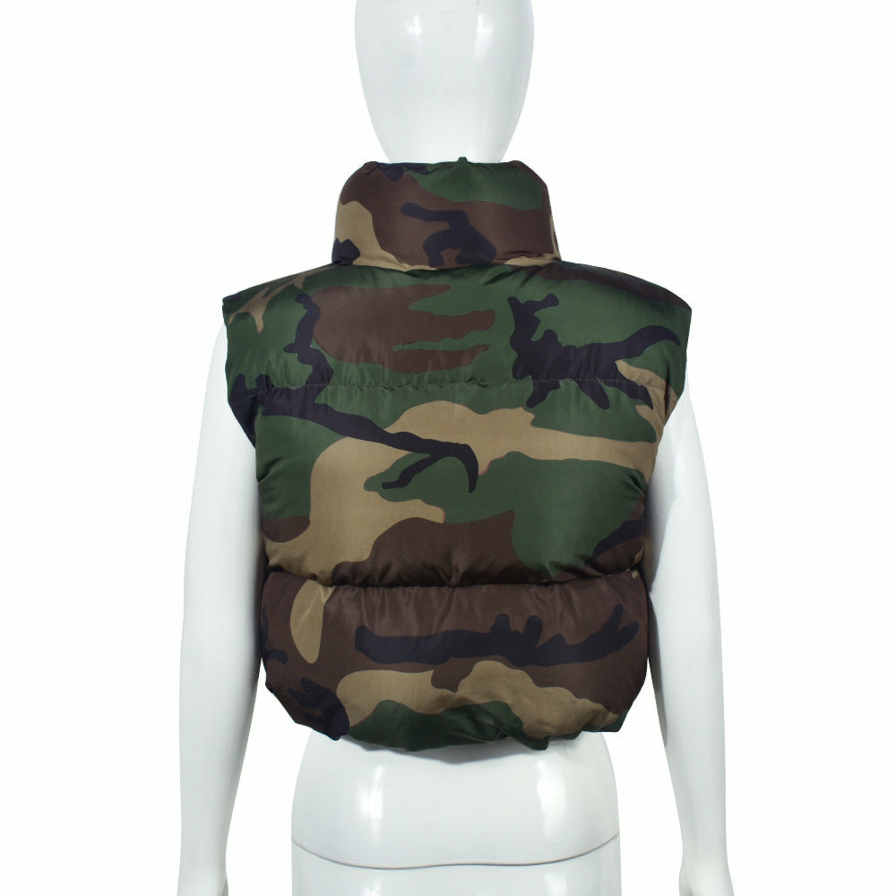 Women Autumn Camouflage Sleeveless Drawstring Style Trendy Padded Vest 11