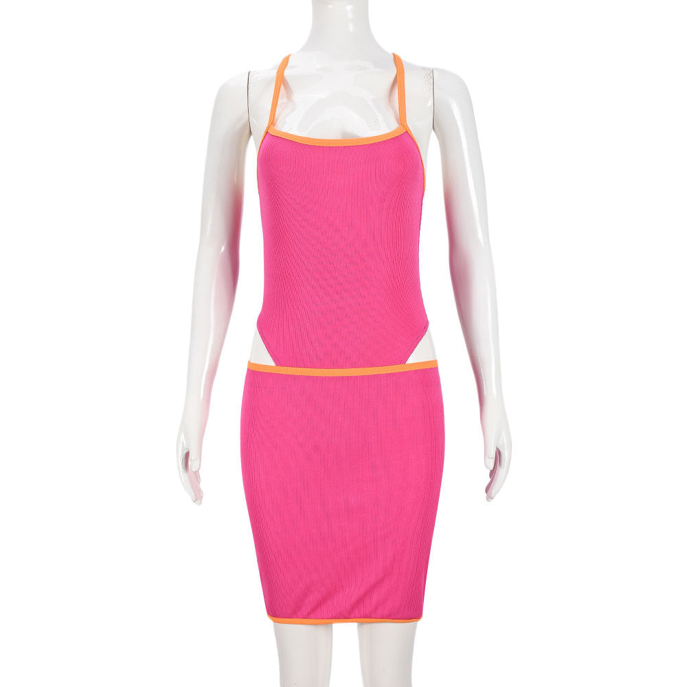 Autumn Slim Contrast Low Back Bodysuit Skirt Two Piece Set 10