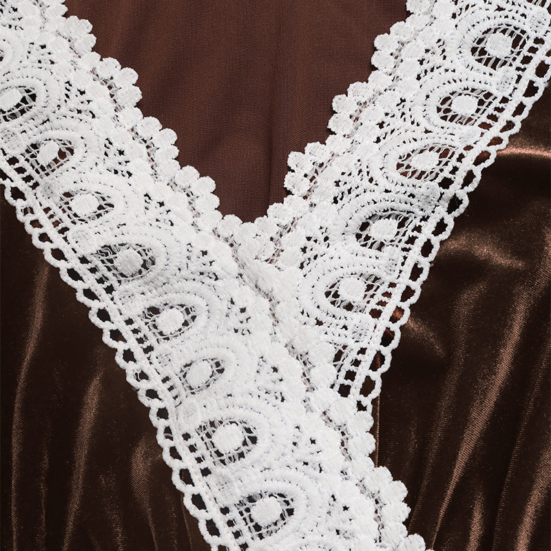 Women Fall/Winter Patchwork Lace V-Neck Long-Sleeved Velvet Maxi Dress 12