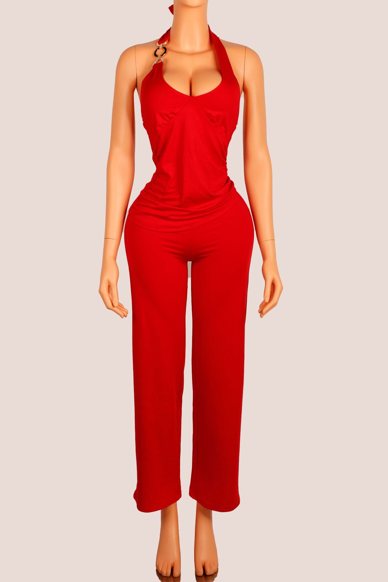 Women Solid Sexy Halter Neck Lace-Up Jumpsuit 7