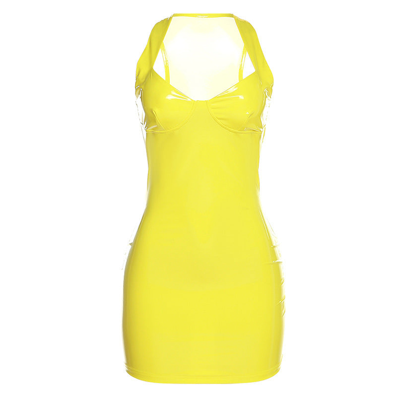 Women's summer sexy v-neck pu shiny face Slim Fit Slim Waist Bodycon strap jumpsuit 7