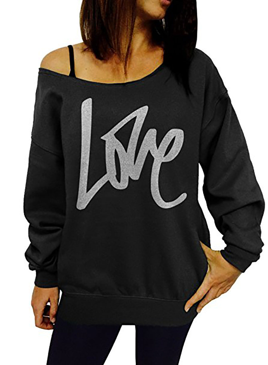 Love Letter Printed Long Sleeve T-Shirt Sexy Off-Shoulder Women's Top 15