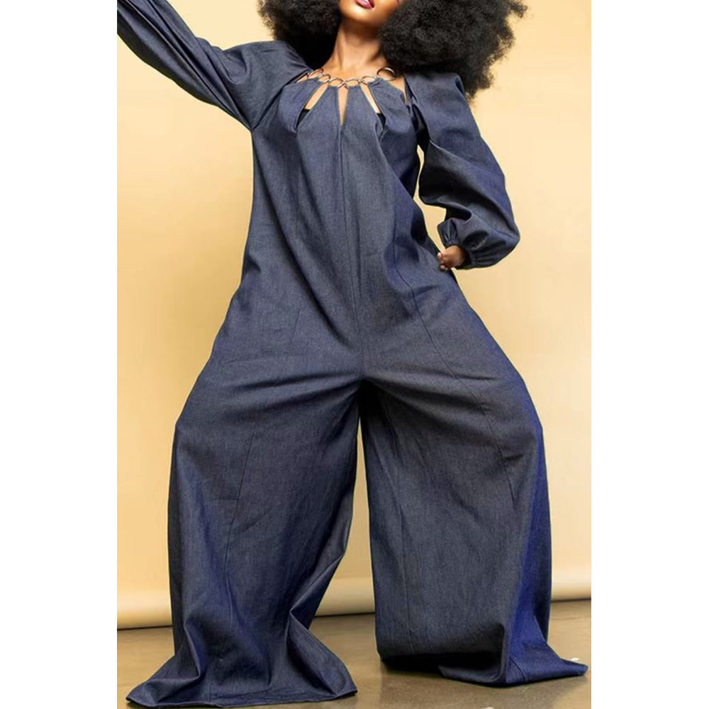 Women Metal Ring Collar Long Sleeve Wide Leg Loose Jumpsuit