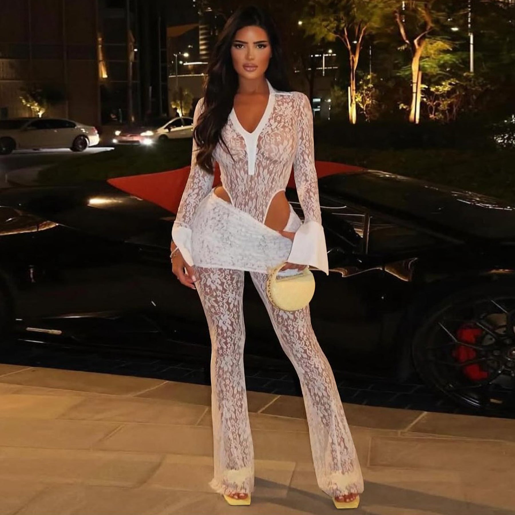 Women's sexy See-Through lace bodysuit pants two-piece set 4