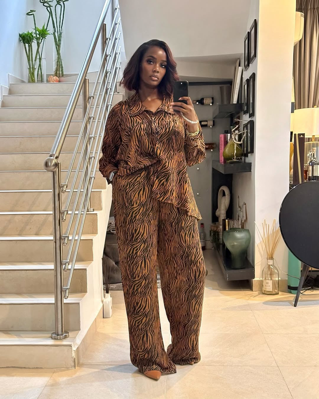 African Zebra Print Long Sleeve Shirt Wide Leg Pants Two Piece Set 3