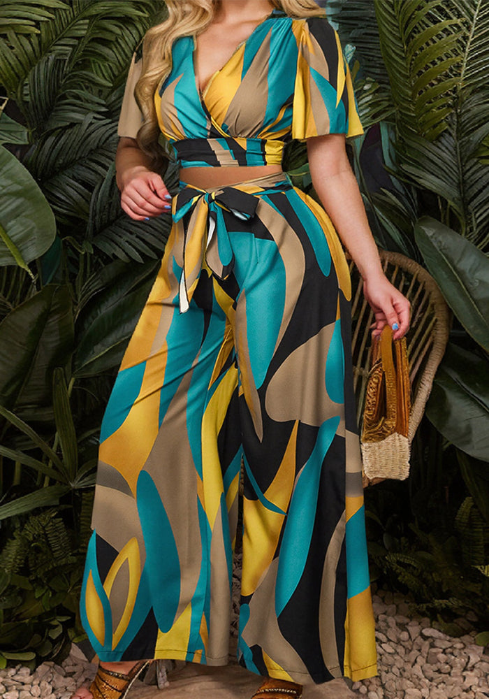 Women's Summer Casual Printed V-Neck Top and Wide Leg Pant Sets