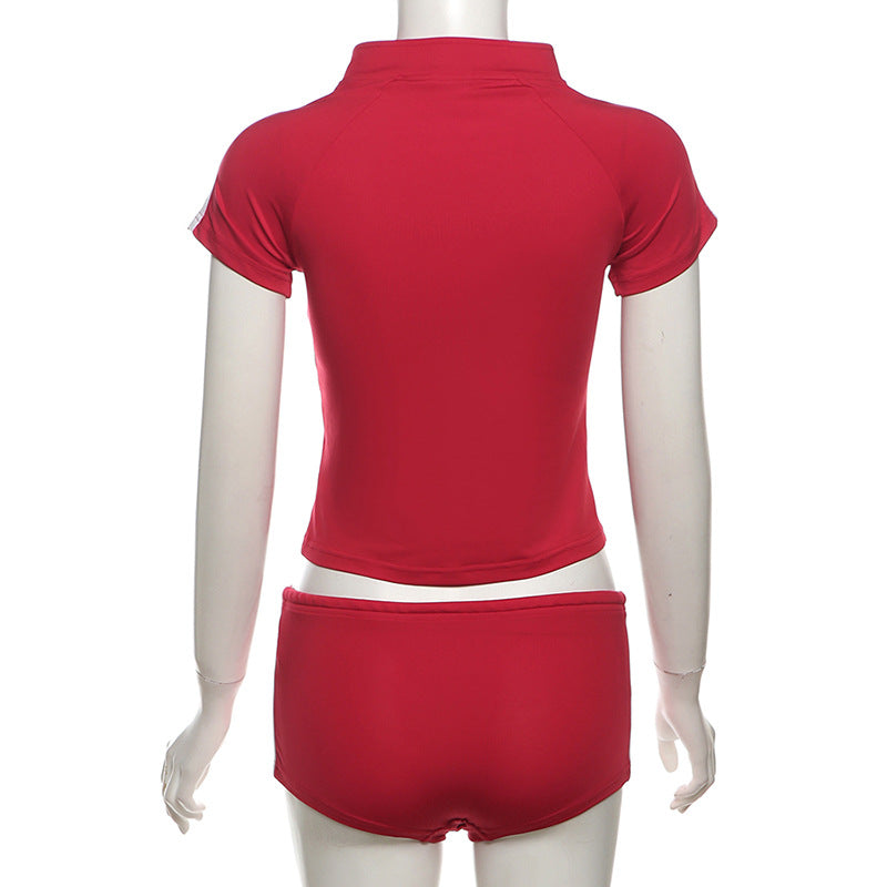 Summer Sexy Slim Short Sleeve High Waist Sports Two Piece Shorts Set For Women 9