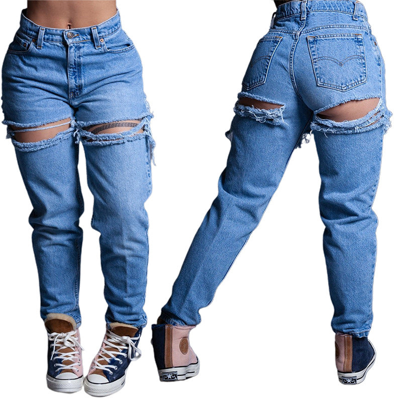 women washed high waist loose Ripped Denim pants 7