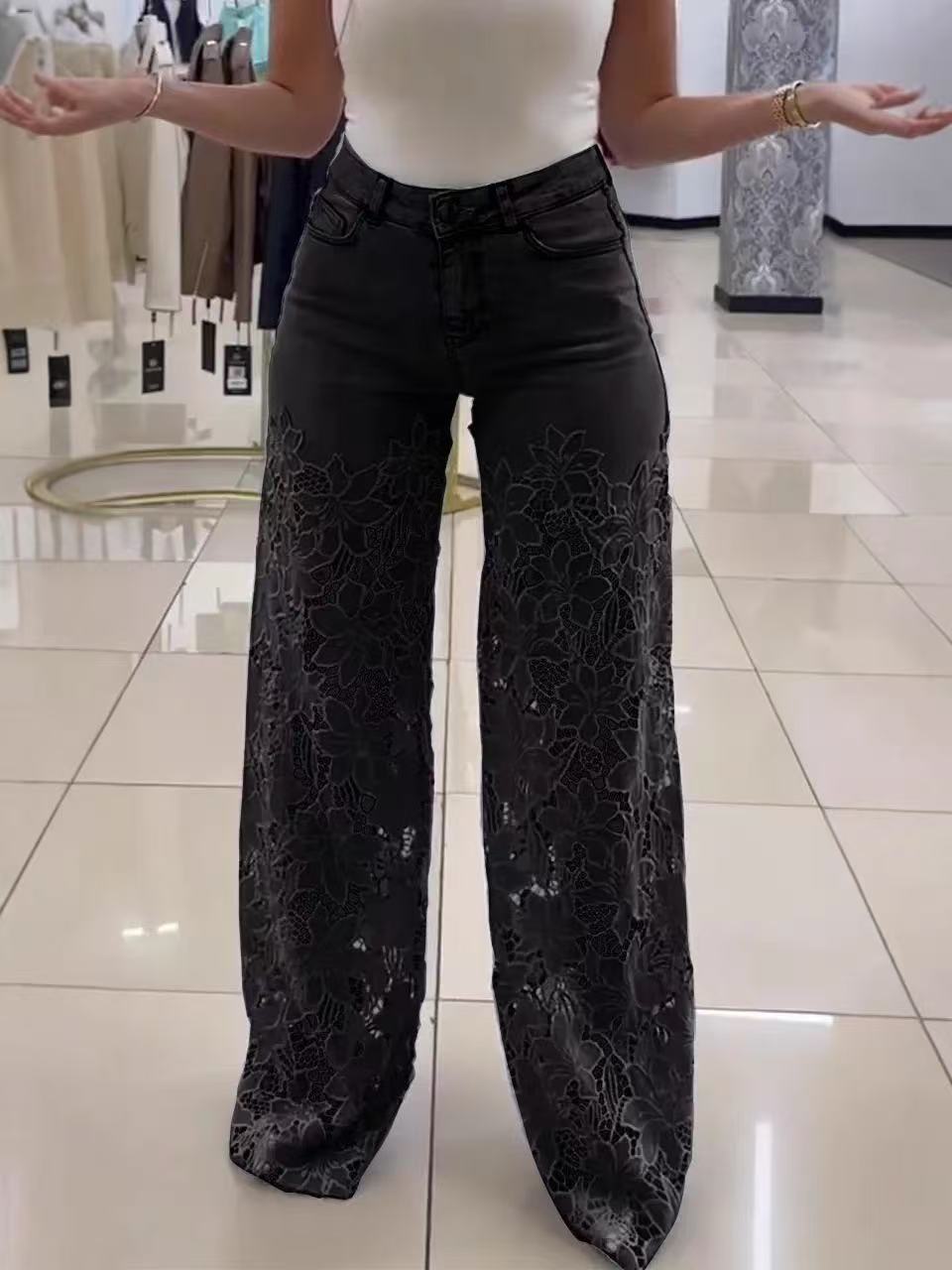 Women Summer Casual Lace Denim Straight Trousers 3