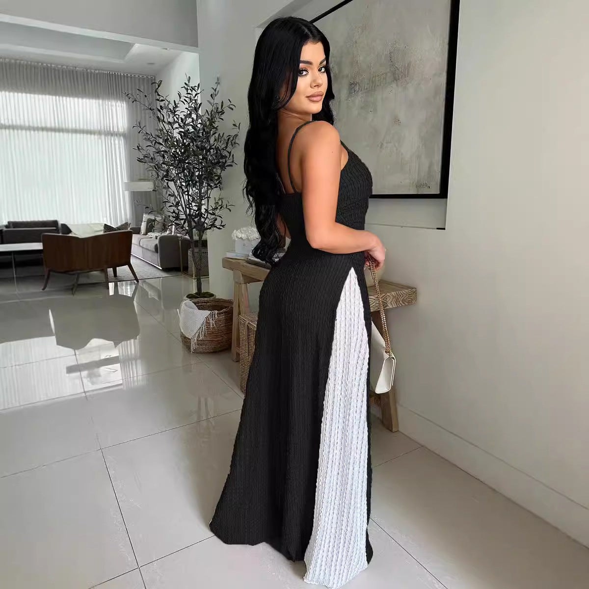 Women Sexy Hollow Wide-leg knitting Suspender Patchwork Contrast Jumpsuit 5