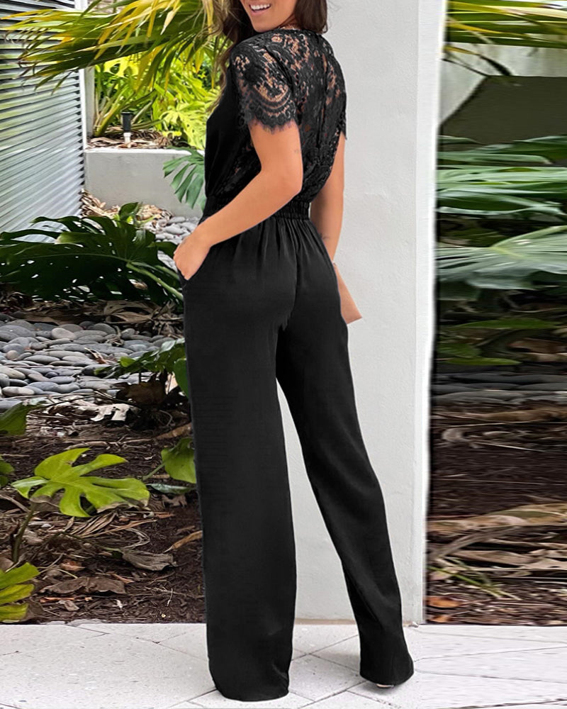 Women's Solid Color Short-sleeved Lace Patchwork Elastic Waist Casual Jumpsuit 7