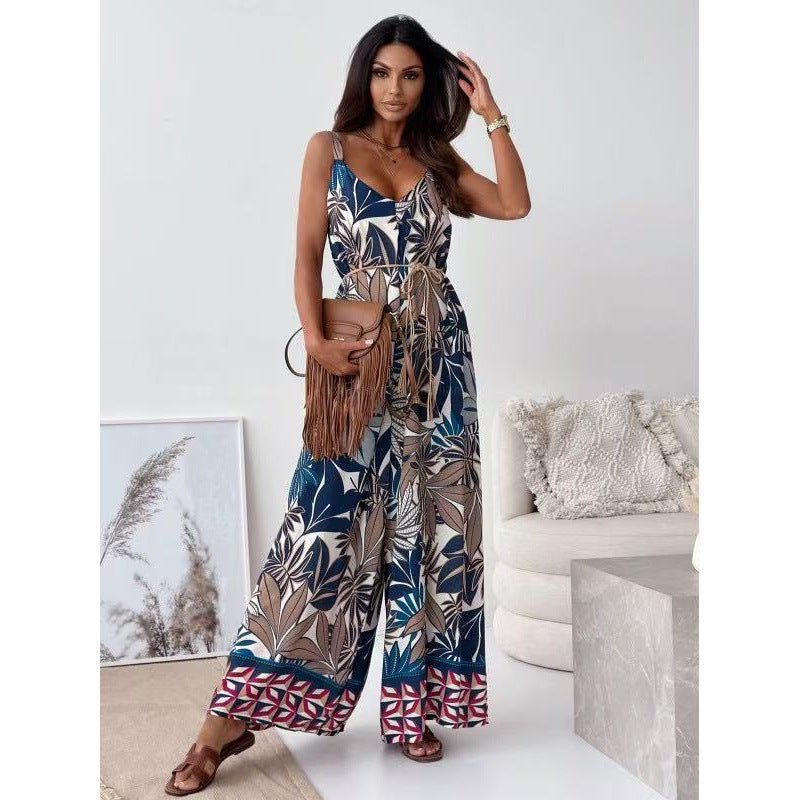 Women Summer Printed Suspender V-Neck Jumpsuit with Belt 4