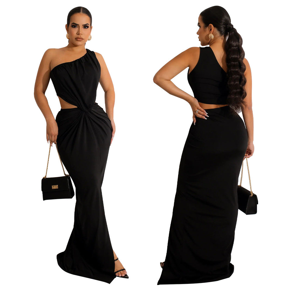 Women'S Sexy Open Waist Slash Shoulder Solid Sleeveless Pleated Maxi Dress