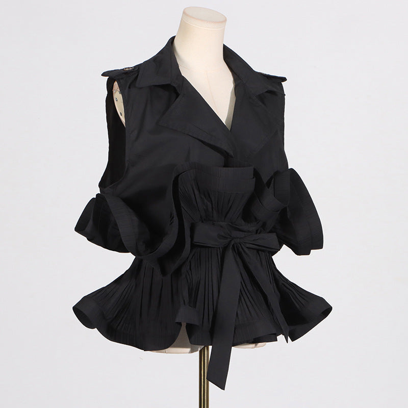 Spring Summer Fashionable Chic Khaki V-Neck Pleated Patchwork Sleeveless Lace-Up Women's Shirt 14