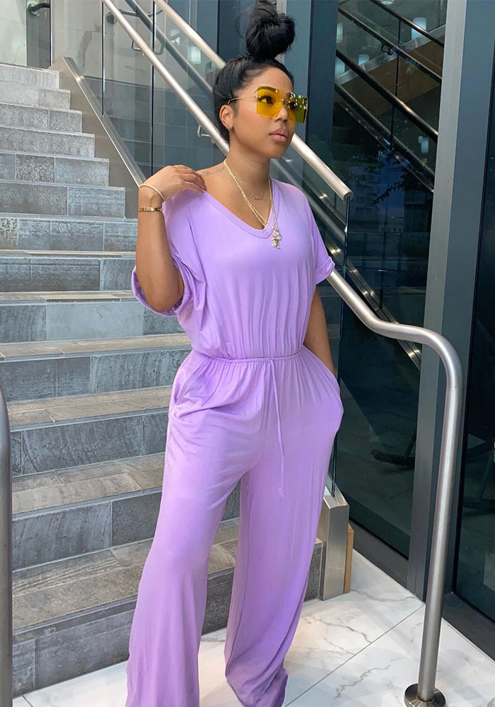 Sexy Women's Loose Casual Solid Color V-Neck Women's Jumpsuit