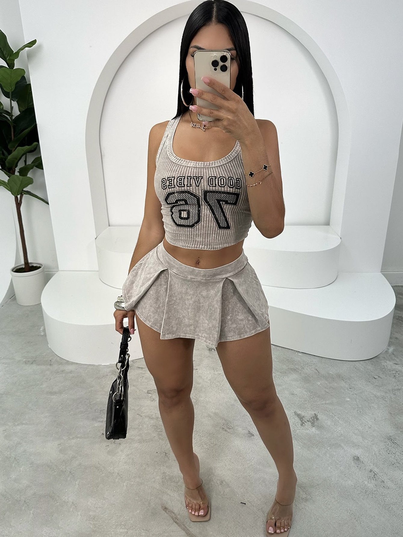 Summer Letter Ribbed Tight Fitting Short Vest Top Pleated Skirt Set