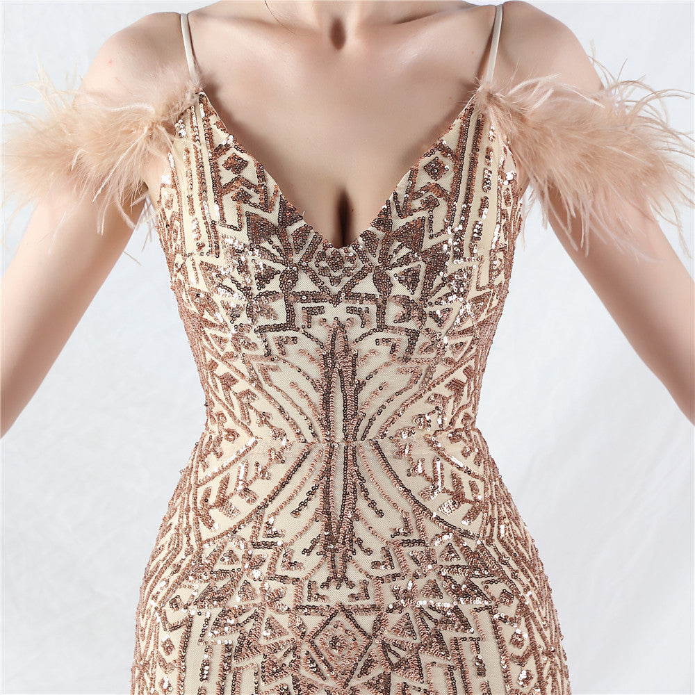 Strap V-Neck Feather Formal Party Evening Dress 39