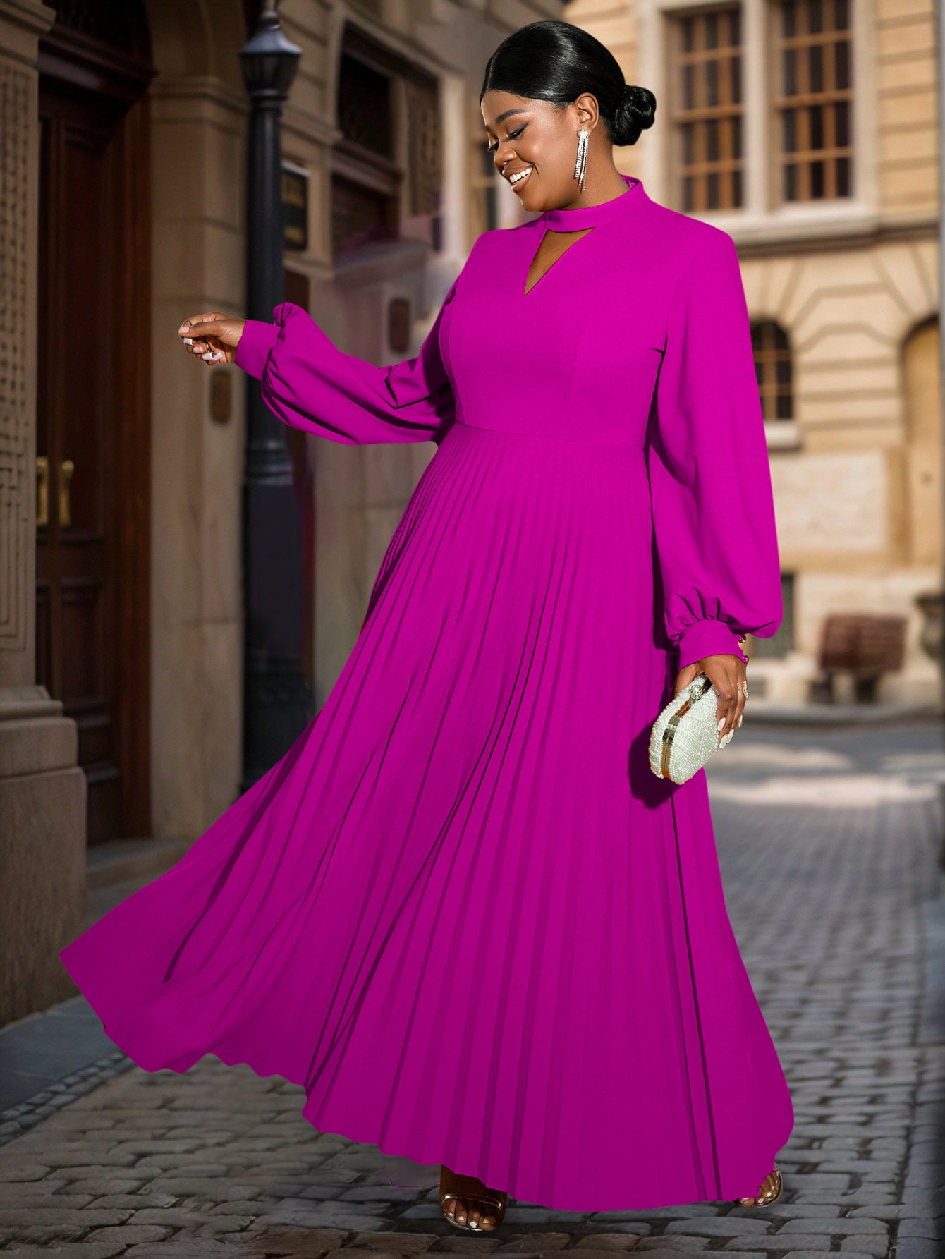 Women hollow Stand Collar lantern sleeve pleated Dress 7