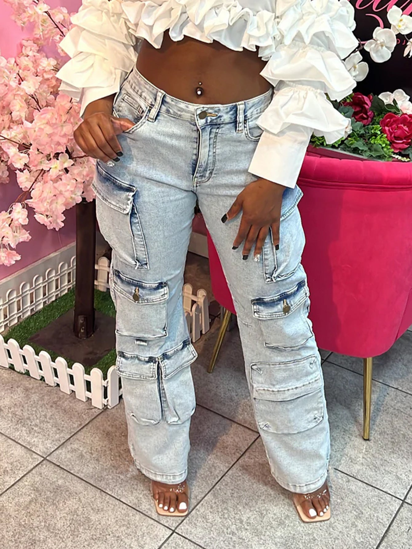Women's Fashion Multi-Pocket Straight-Leg Washed Cargo Denim Pants 3