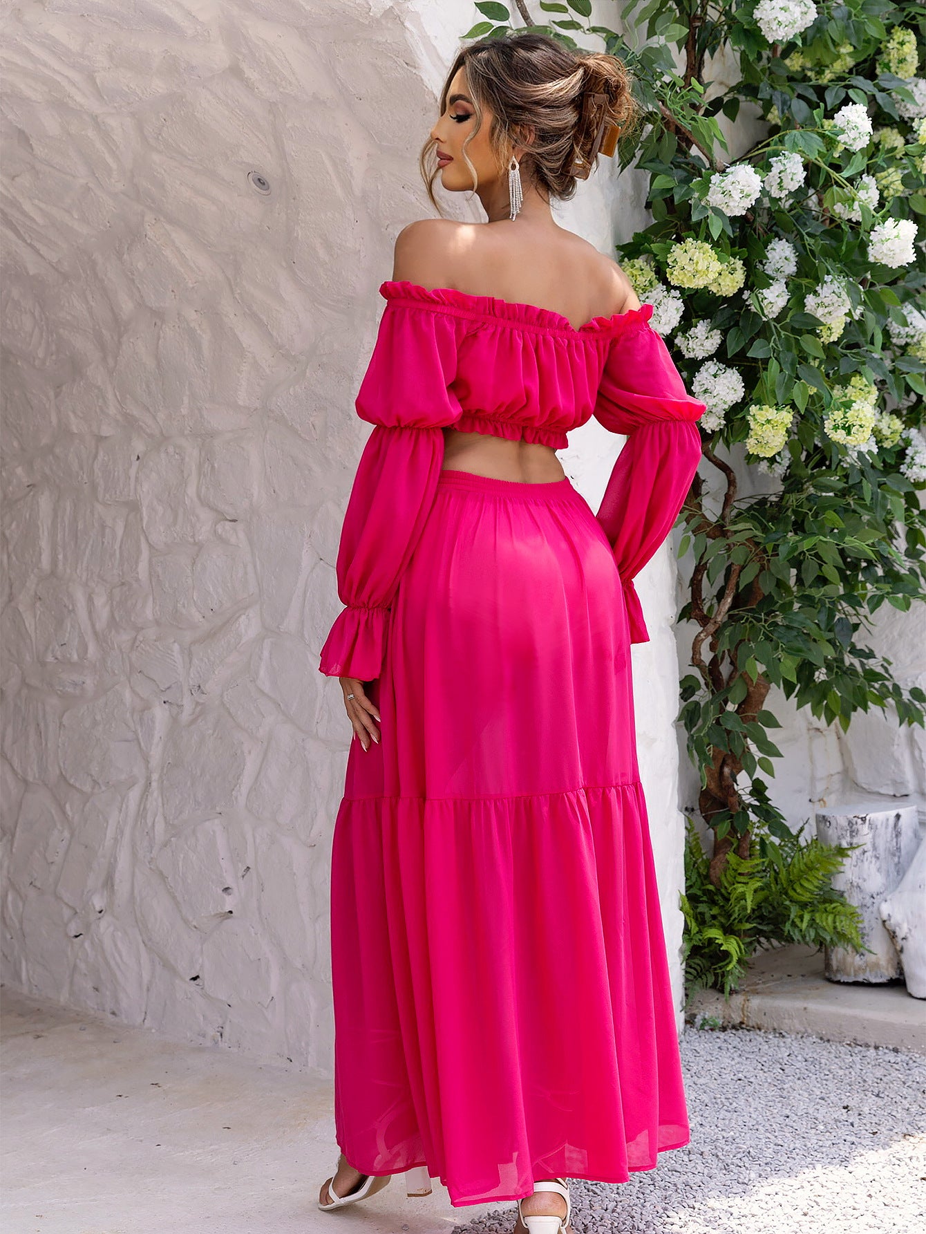 Women Solid Sexy Long Sleeve Off Shoulder Top and Skirt Two Piece Set 3