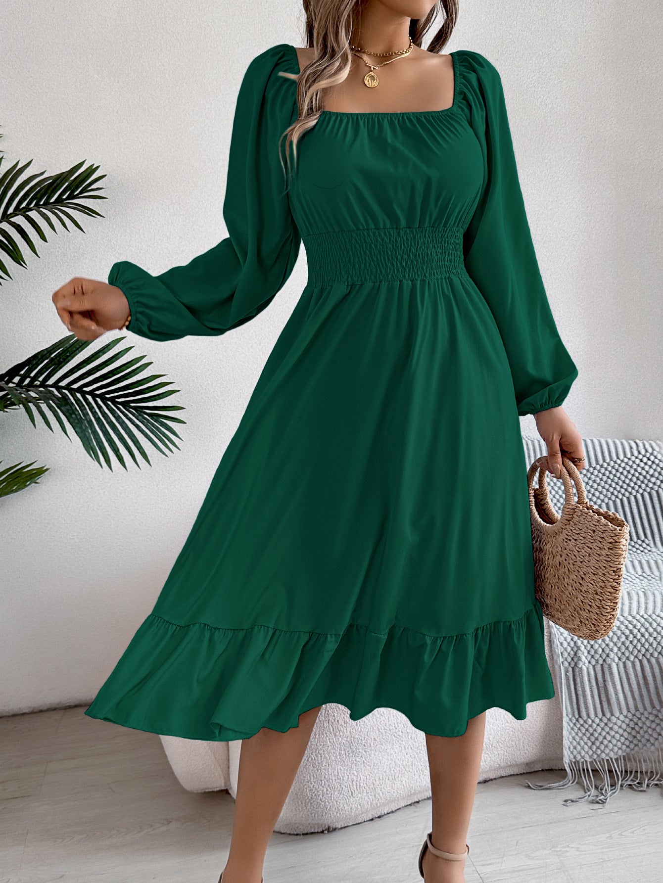 Women Spring and Summer Casual Solid Square Neck Long Sleeve Ruffle Dress 3