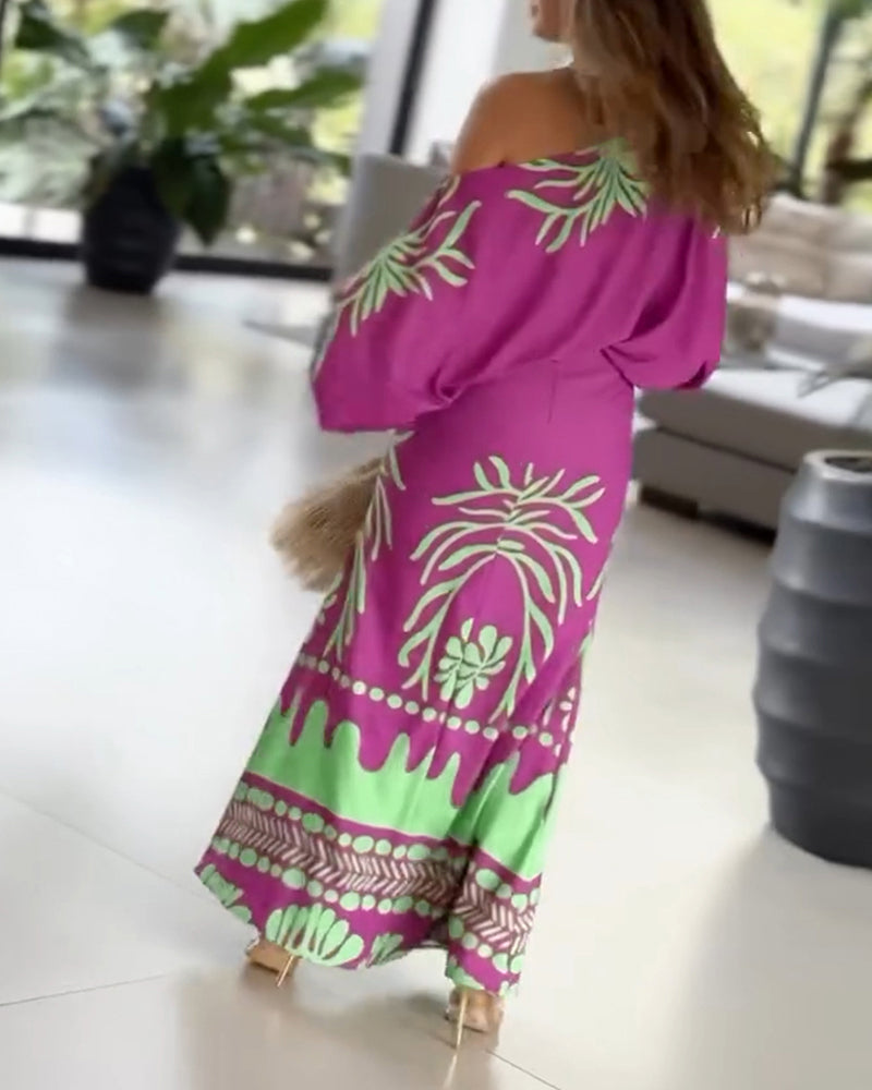 Women Printed Lantern Sleeve Top and Fishtail Skirt Two-Piece Set 6