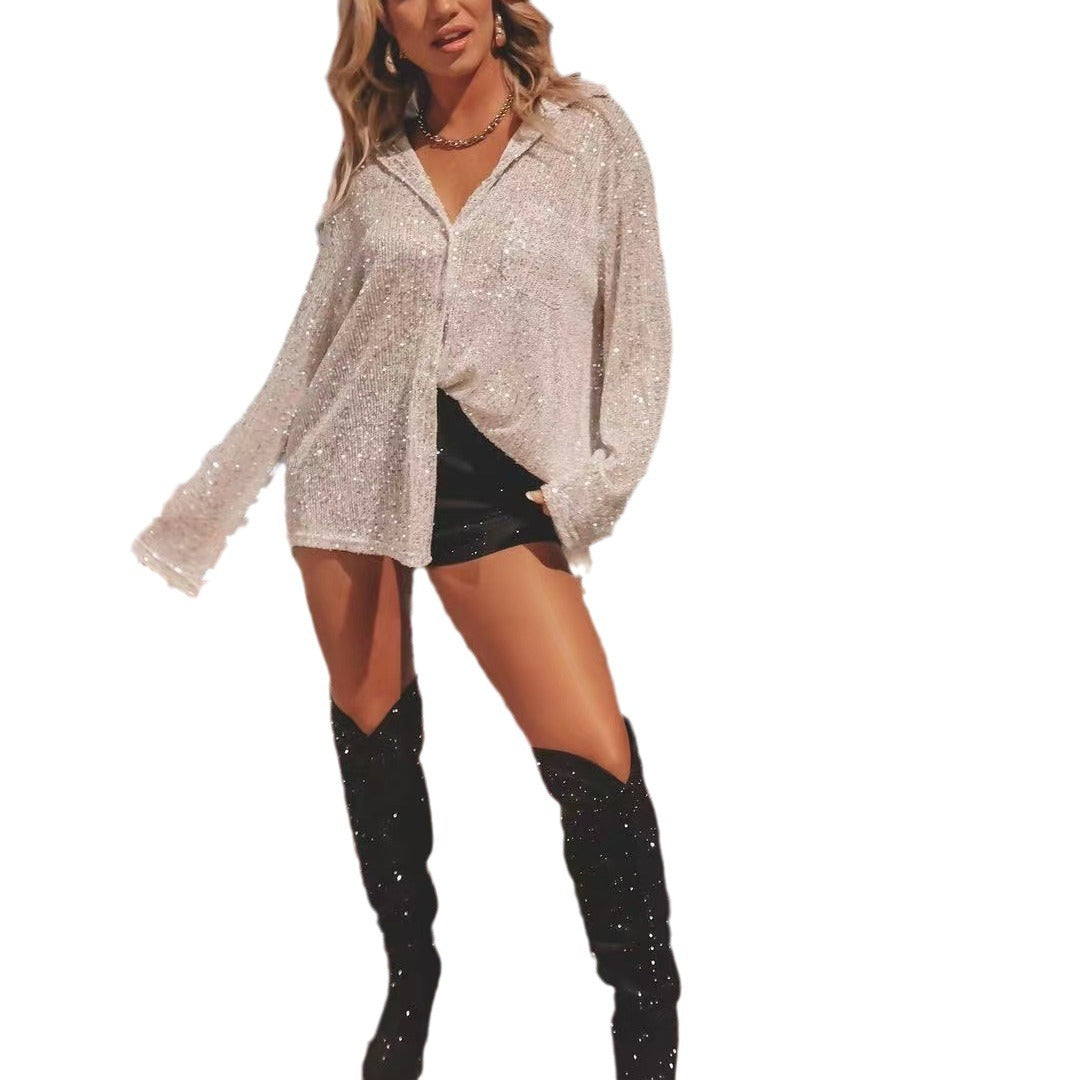 Women Sequin Long Sleeve Turndown Collar Casual Shirt 11