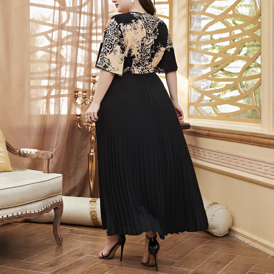 Plus Size Women Waist tie print sexy v-neck Patchwork short sleeve Dress