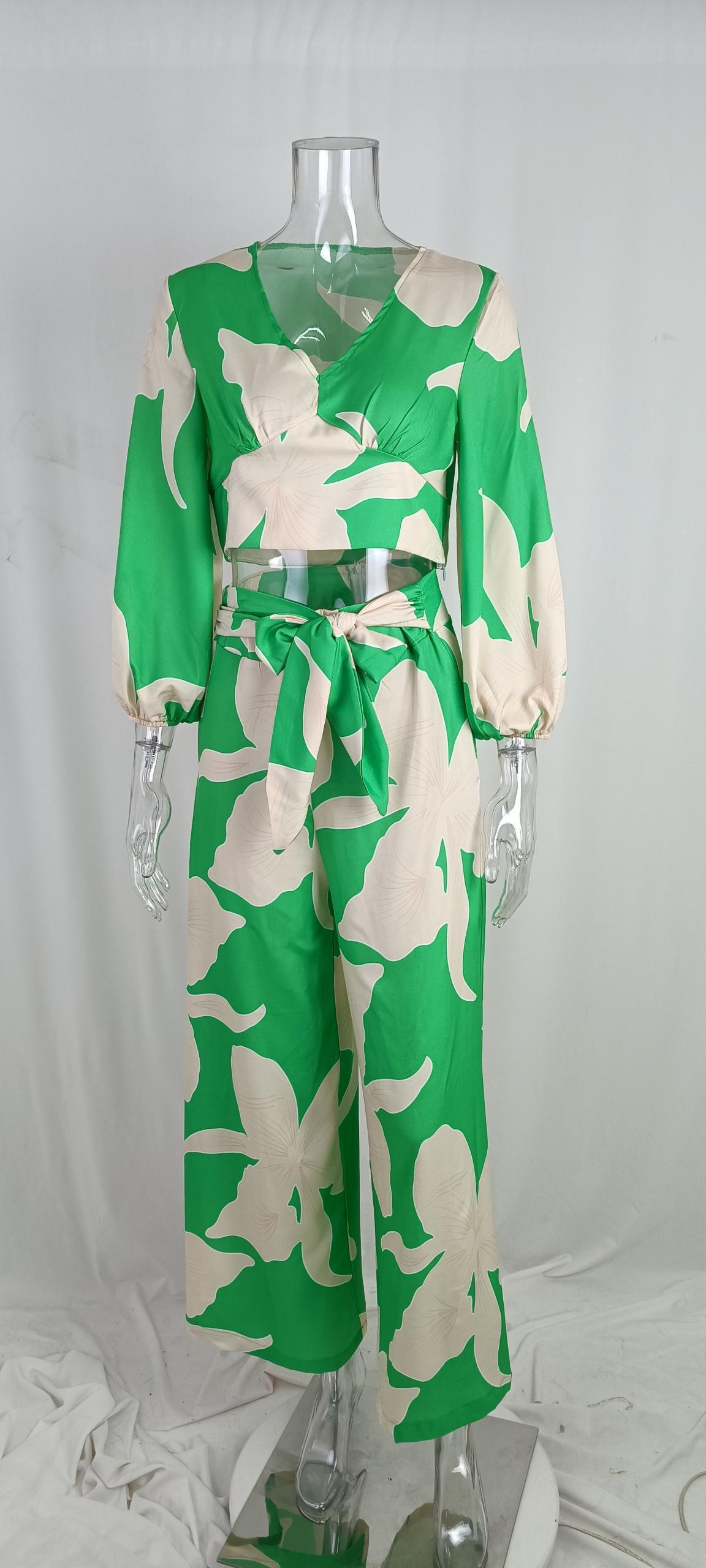 Women v-neck lantern sleeve short top and wide-leg pants two-piece set 29