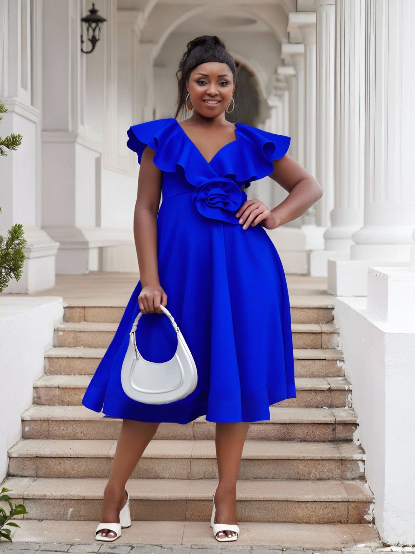 Women Plus Size V-Neck Ruffle Flower Formal Party Dress 5